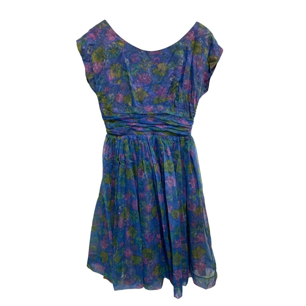 50s B Altman and Co Vintage Dress Floral V Neck Short Sleeve Blue Purple Party
